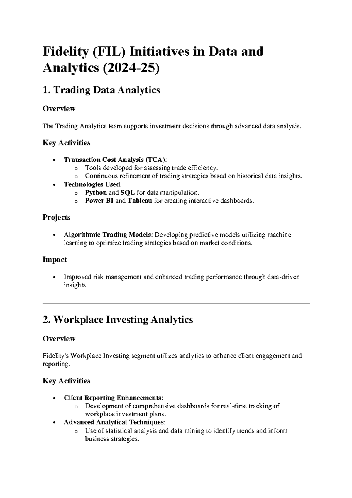 Fidelity FIL Data and Analytics Initiatives Overview (2024-25) - Studocu