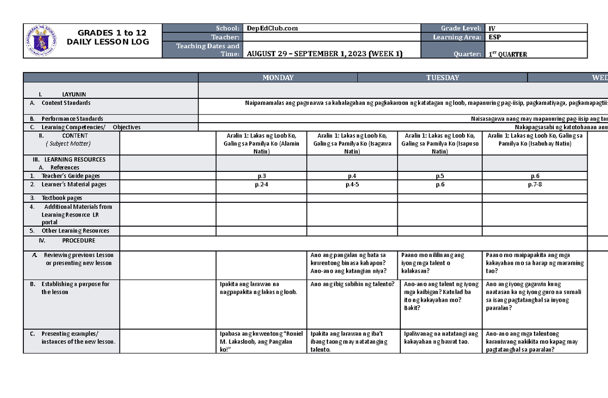 DLL ESP 4 Q1 W1 - Daily Lesson Log for Grade 4 Week 1 - Studocu