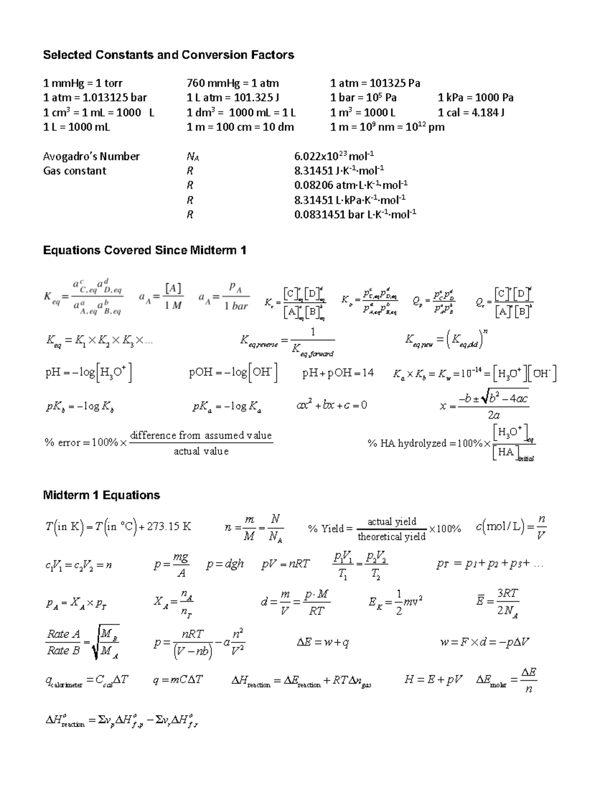 Midterm 2 Equation Sheet: Constants and Conversion Factors - Studocu