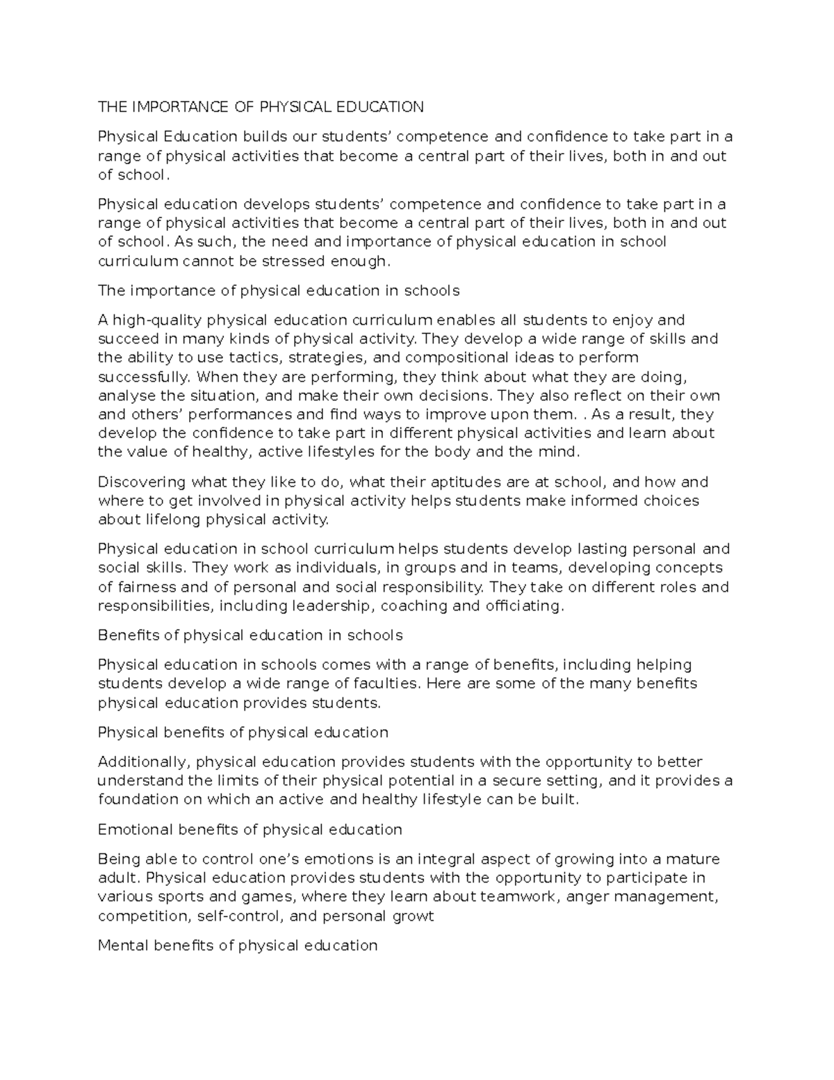 The Role of Physical Education in Enhancing Daily Life Skills - Studocu