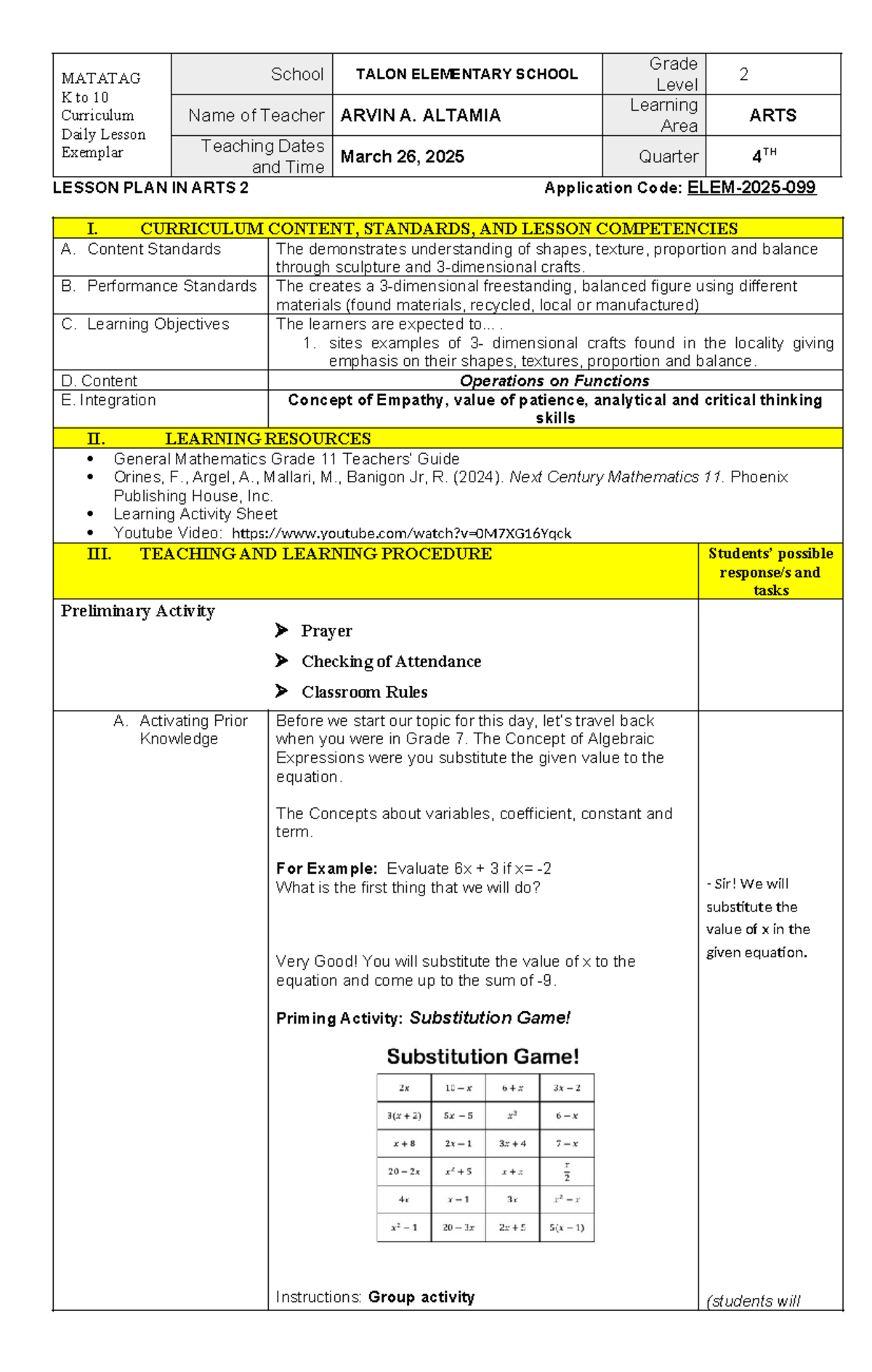 SHS - Detailed Lesson Plan -GEN. MATH - MATATAG K to 10 Curriculum ...