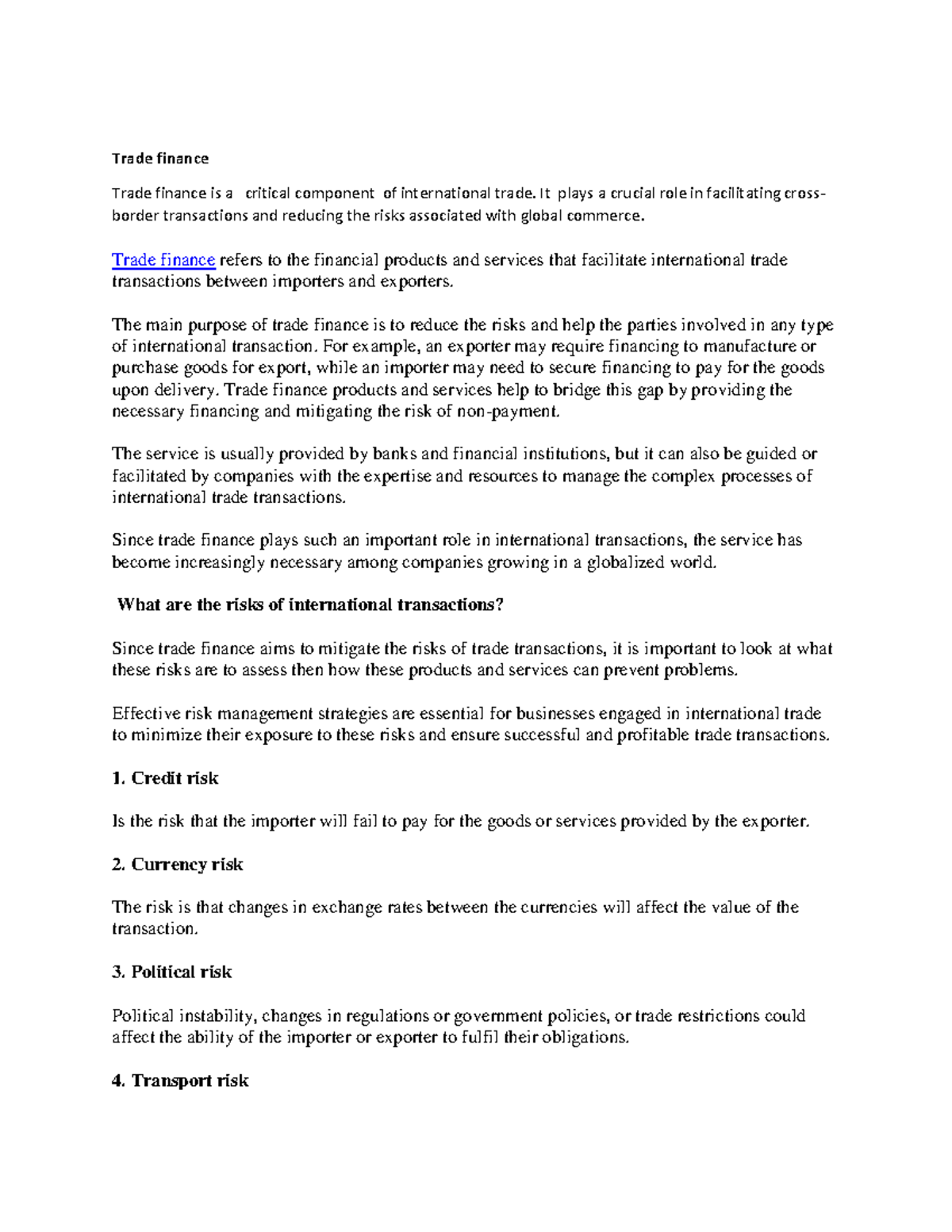 Trade Finance Overview and Risk Management - Study Notes - Studocu
