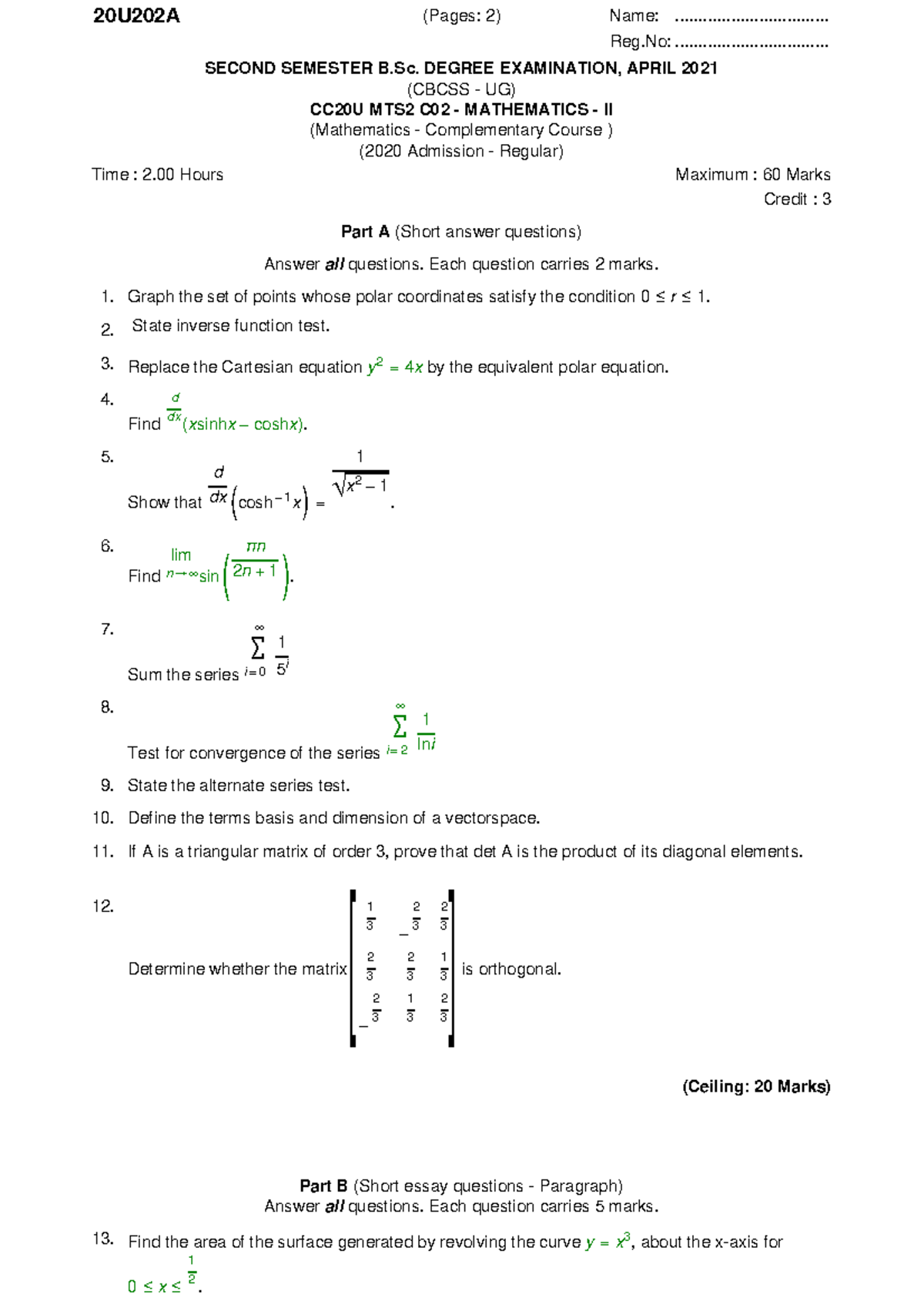 Maths question paper - ####### Maximum : 60 Marks ####### Credit : 3 ...