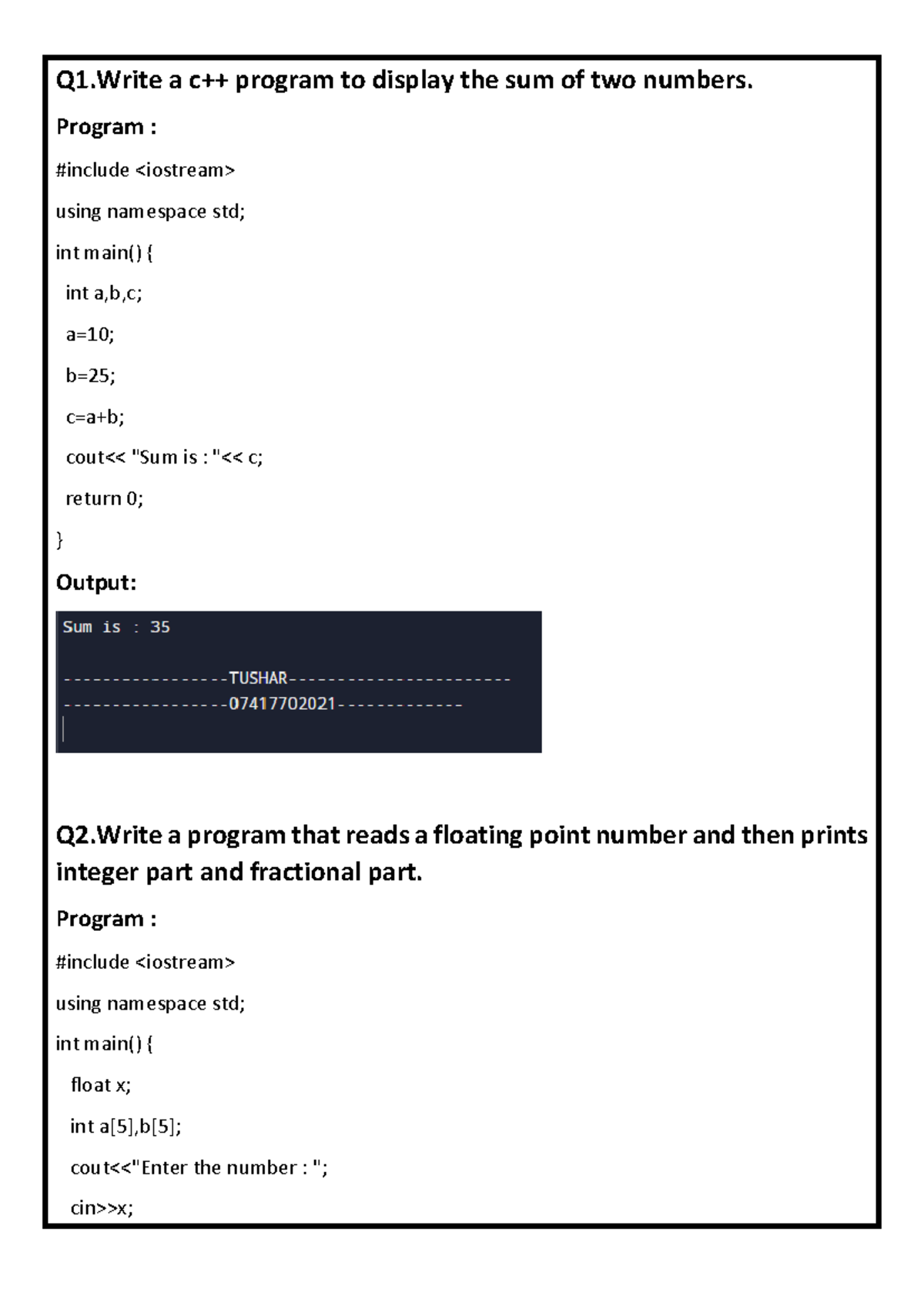 Practical - C++ Programs for Basic Operations and Object-Oriented ...