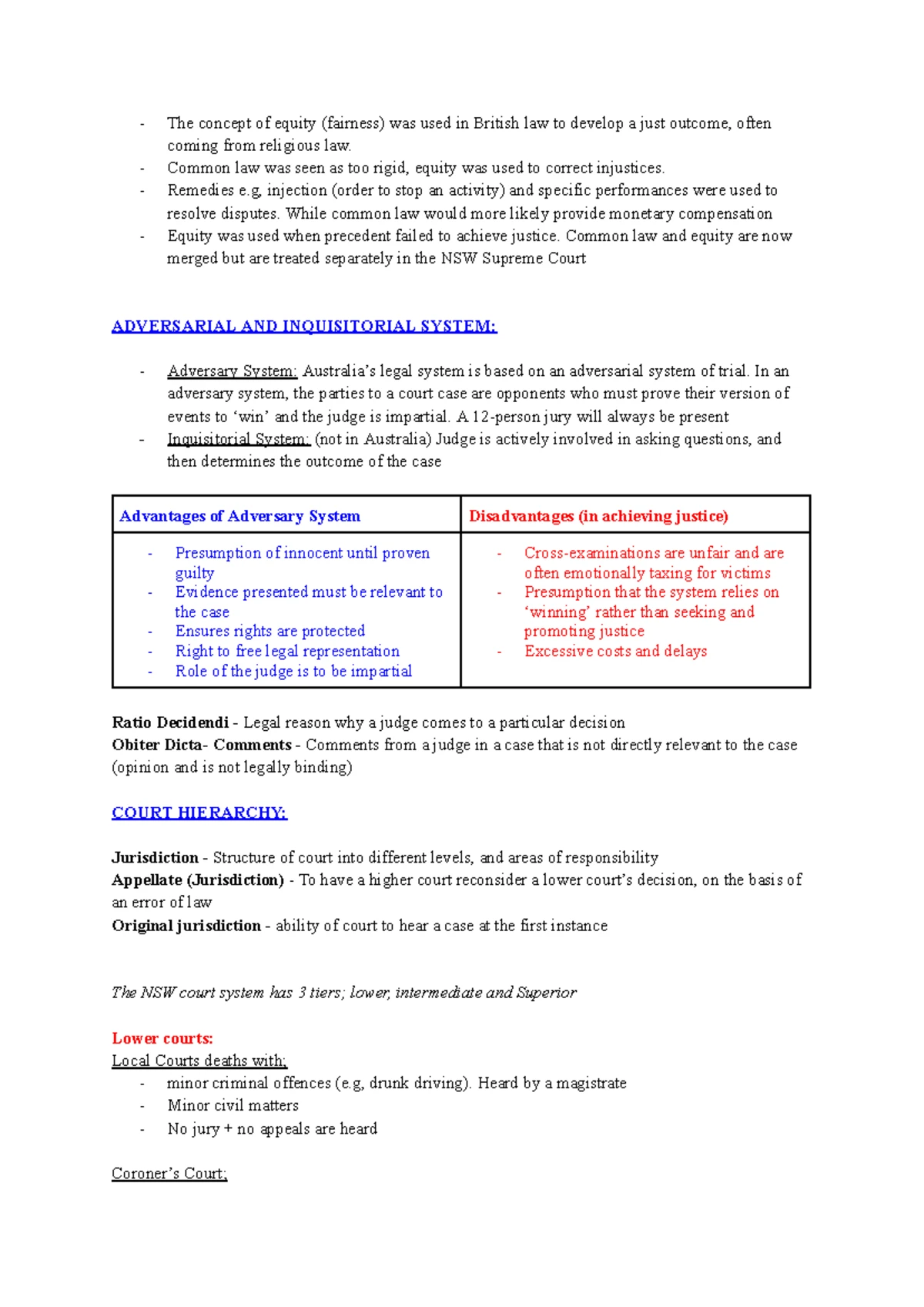 Year 11 Legal Studies: Court System Overview and Hierarchy Notes - Studocu