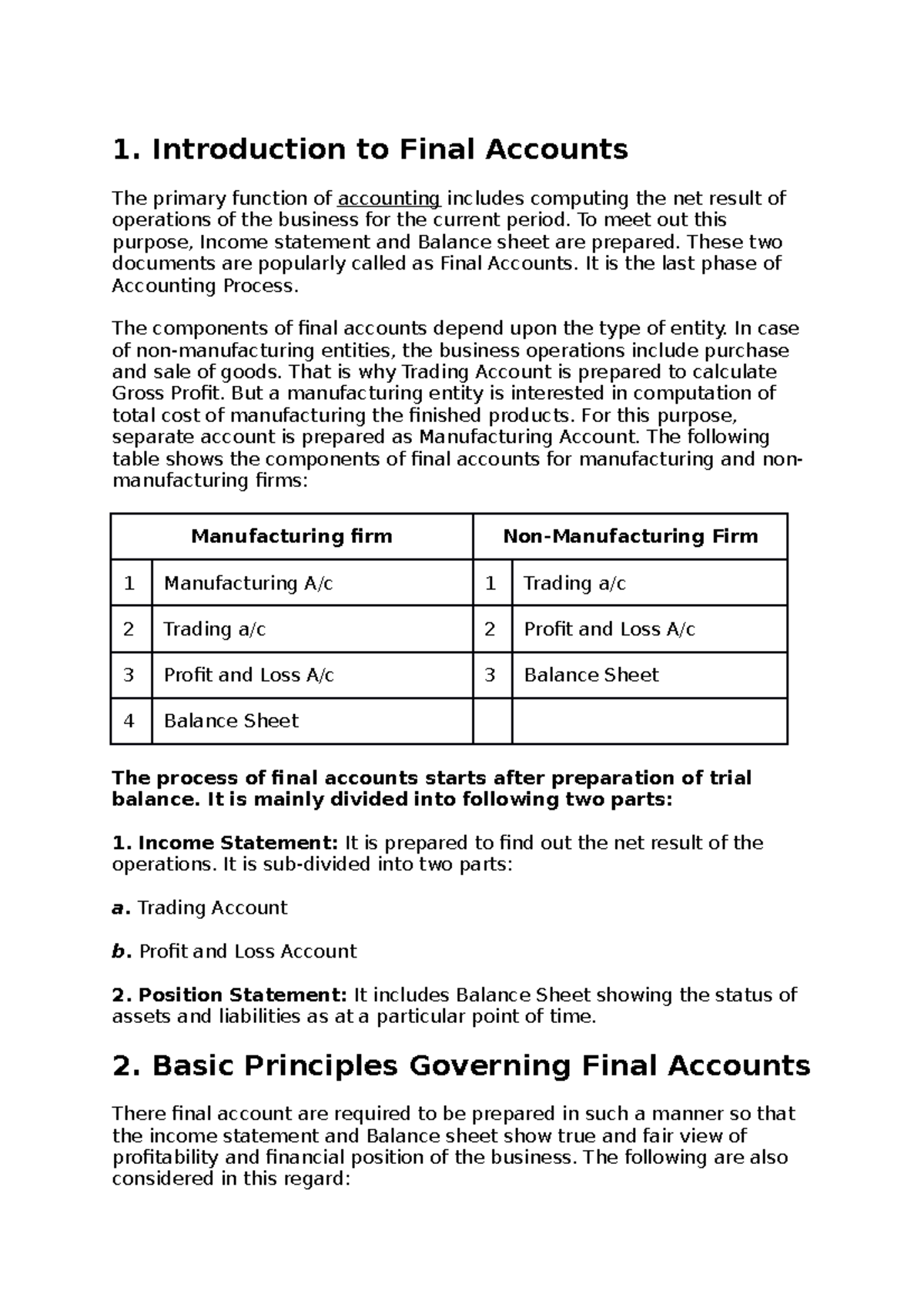 Introduction to Final Accounts: Key Components and Treatments - Studocu