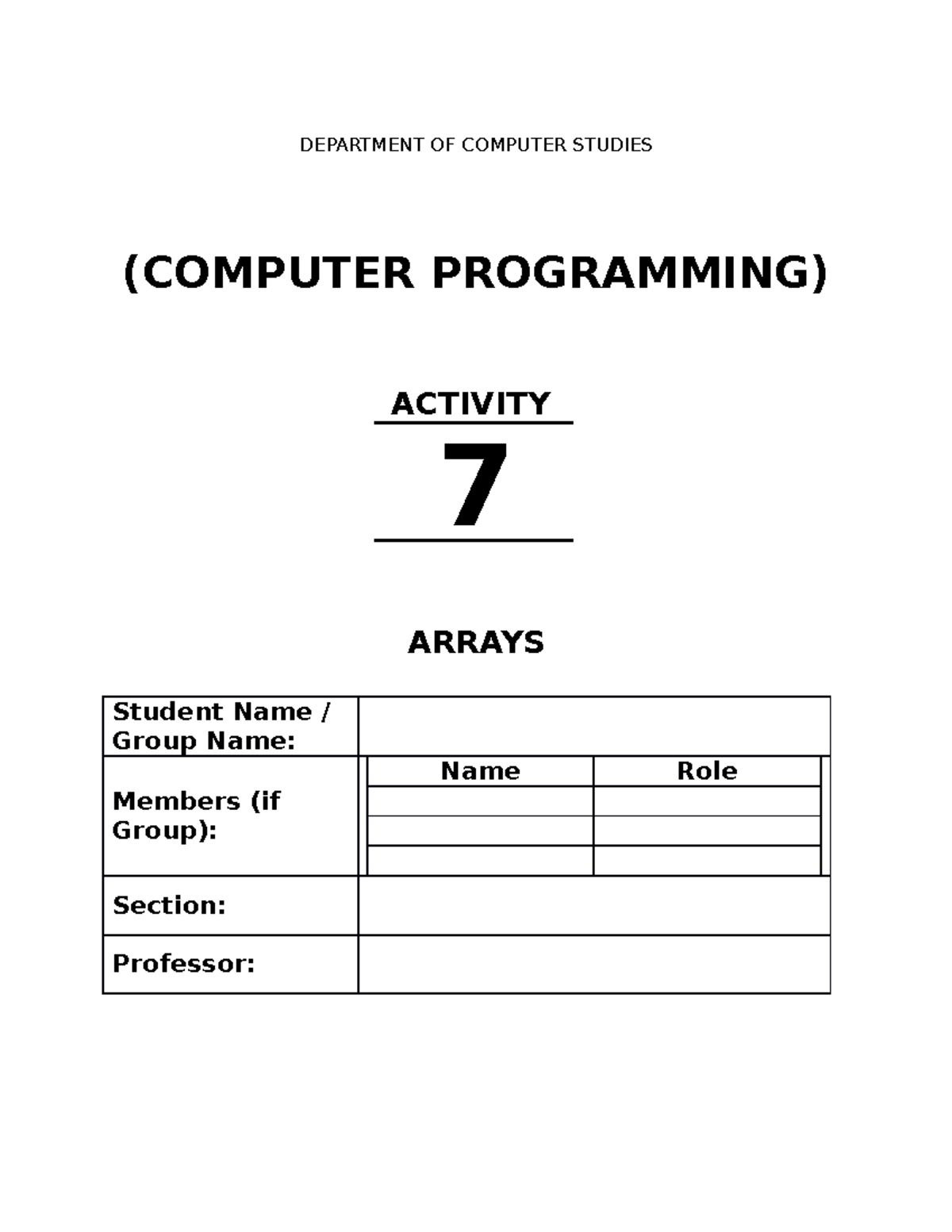 Activity 7: IT Lab Work on Arrays in Computer Programming - Studocu