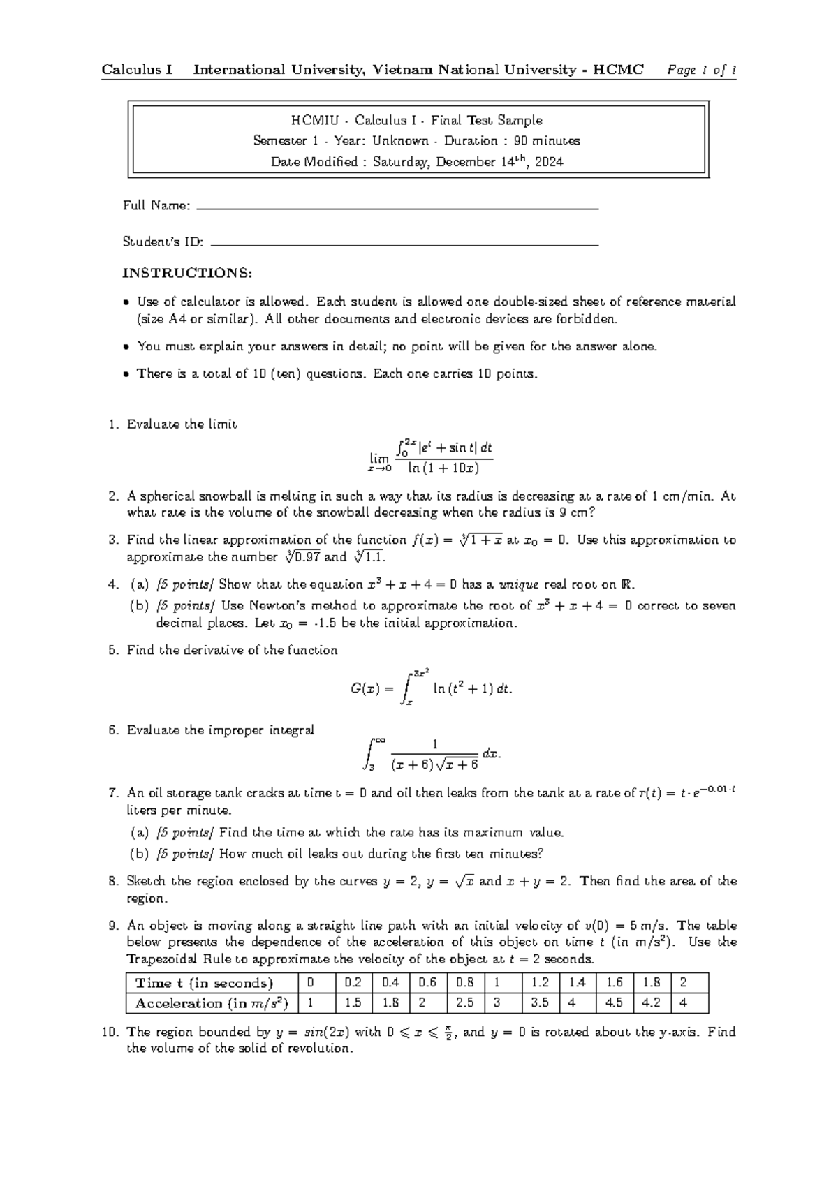 HCMIU Calculus I Final Exam Sample Questions and Solutions - Studocu