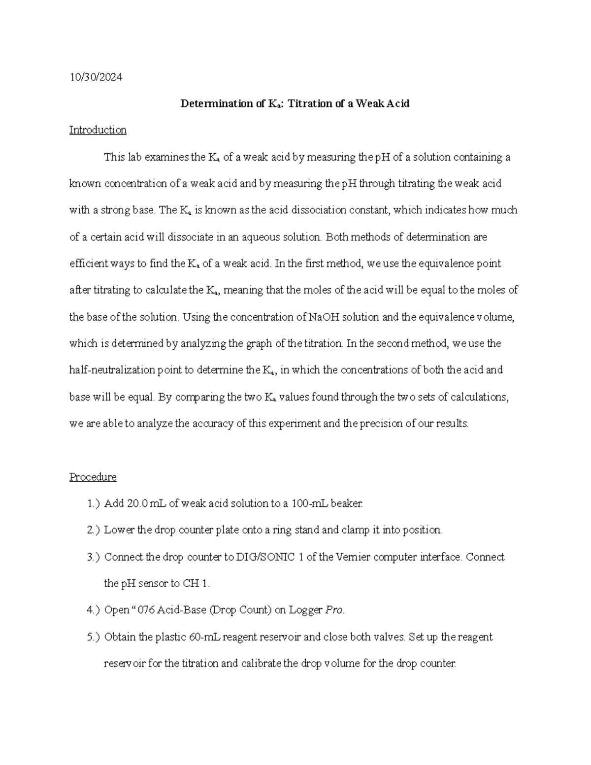 Chem Lab Report 7: Determining Ka from Weak Acid Titration - Studocu