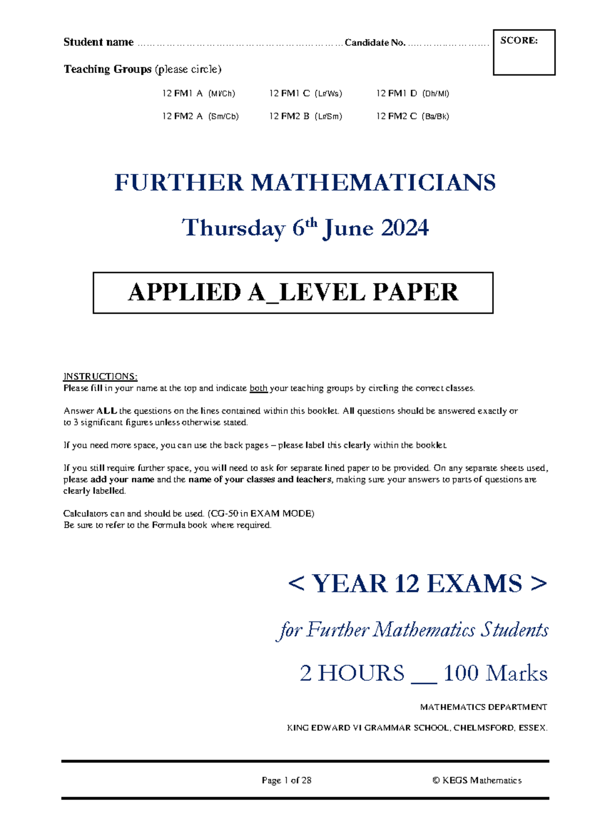 AL Applied Paper 2024: Year 12 Further Mathematics Exam - Studocu