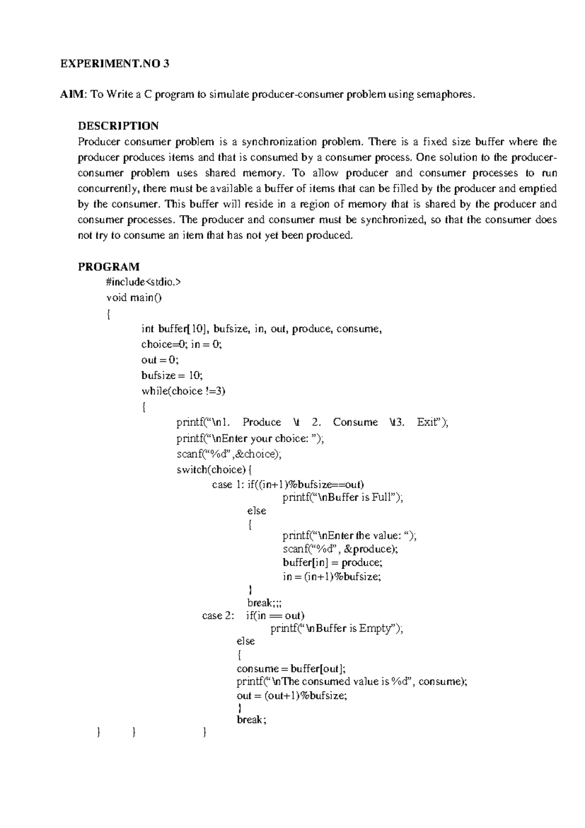 Operating Systems LAB-03 - EXPERIMENT 3 AIM: To Write a C program to ...