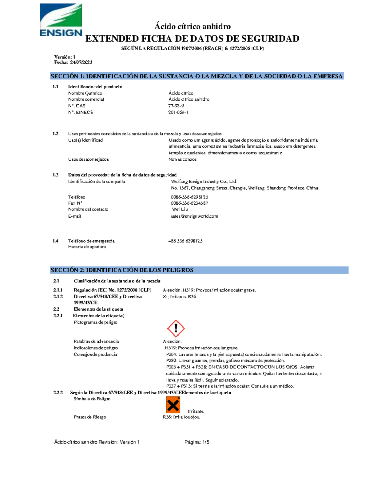 HS- Ficha de Datos de Seguridad del Ácido Cítrico Anhidro - Español - Document Preview
