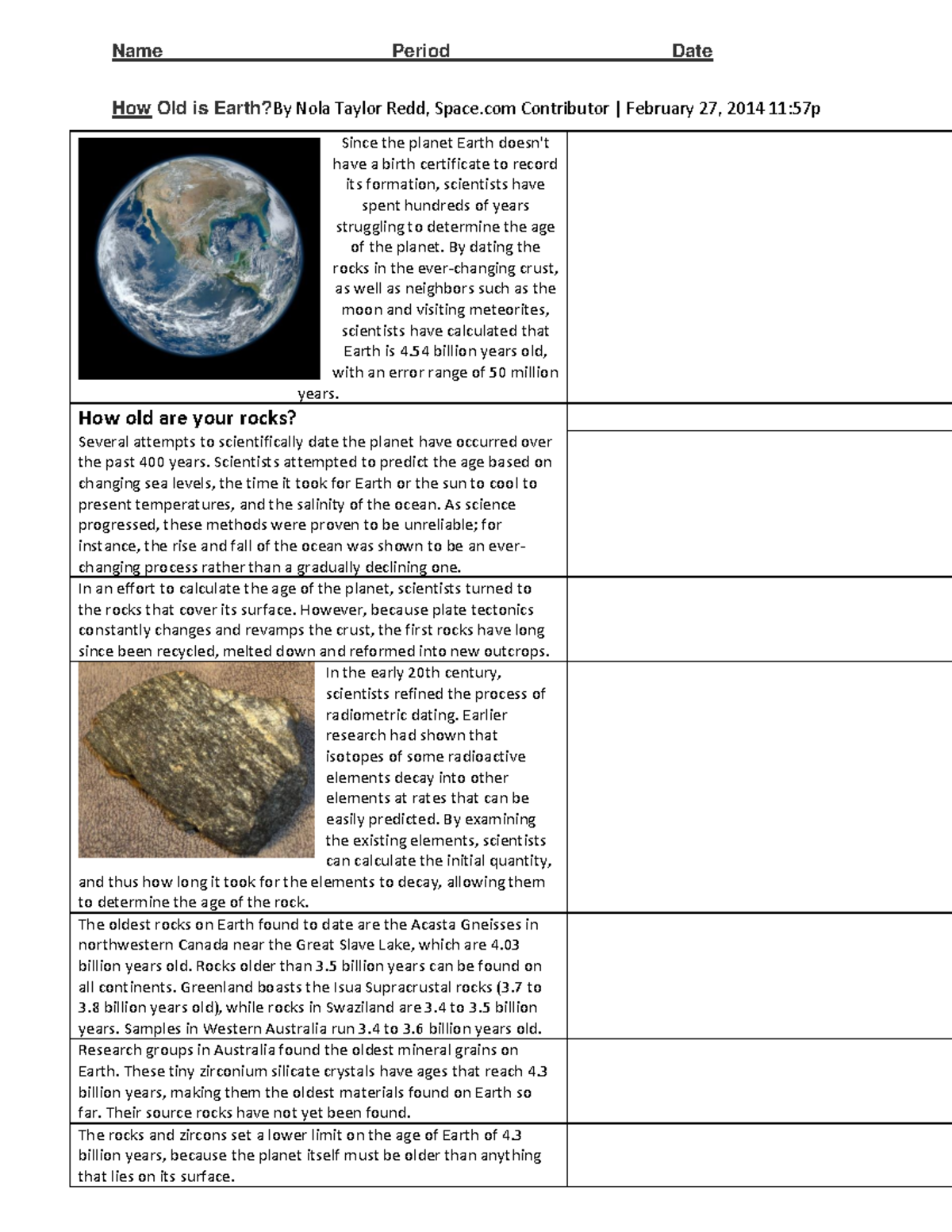 How Old is the Earth - EVO1 - Name Period Date How Old is Earth?By Nola ...