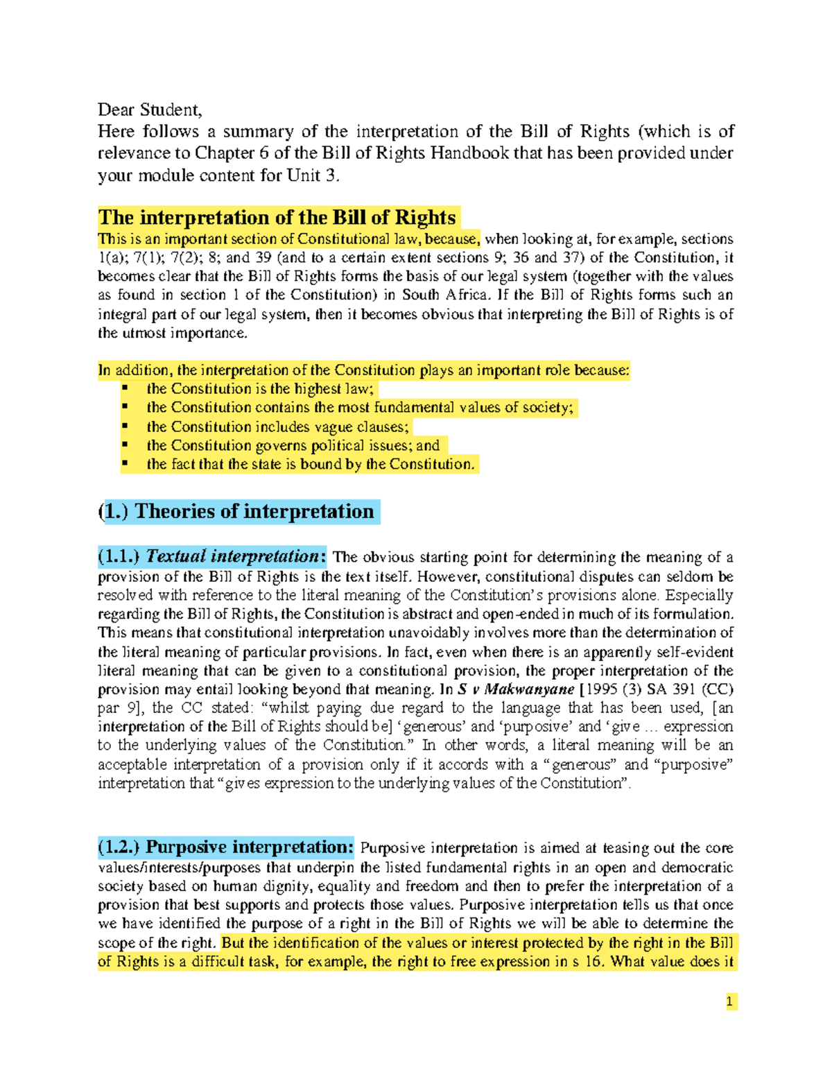 Interpretation of the Bill of Rights: Insights for Unit 3 Study Guide ...