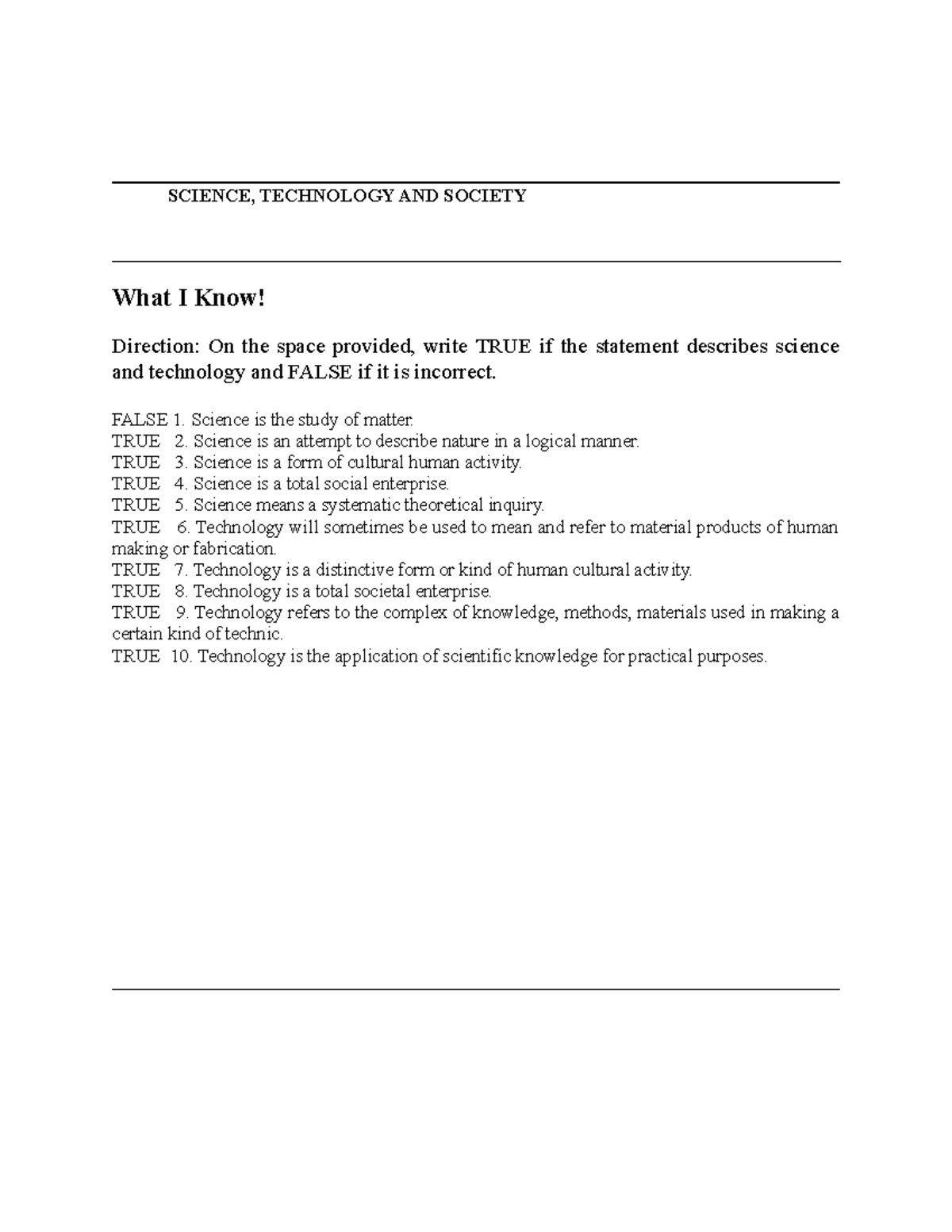 GEC 8 Science Technology AND Society Quiz - SCIENCE, TECHNOLOGY AND ...