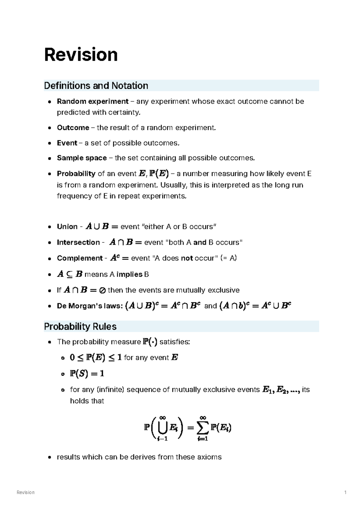 MATH2089 Stats Revision - Revision Definitions and Notation Random ...