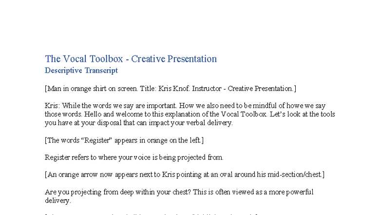 The Vocal Toolbox: Creative Presentation Transcript (CRS 101) - Studocu