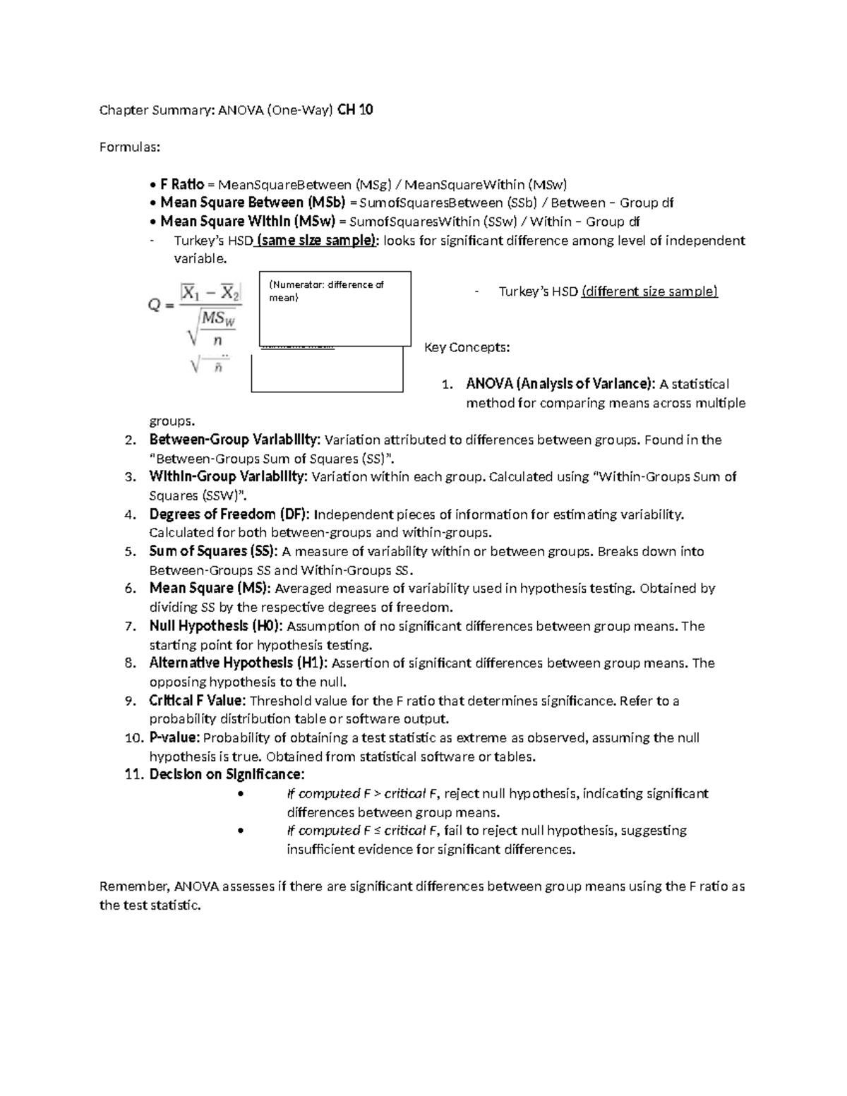Chapter Summary: ANOVA Concepts & Formulas (SOSC Week 7) - Studocu