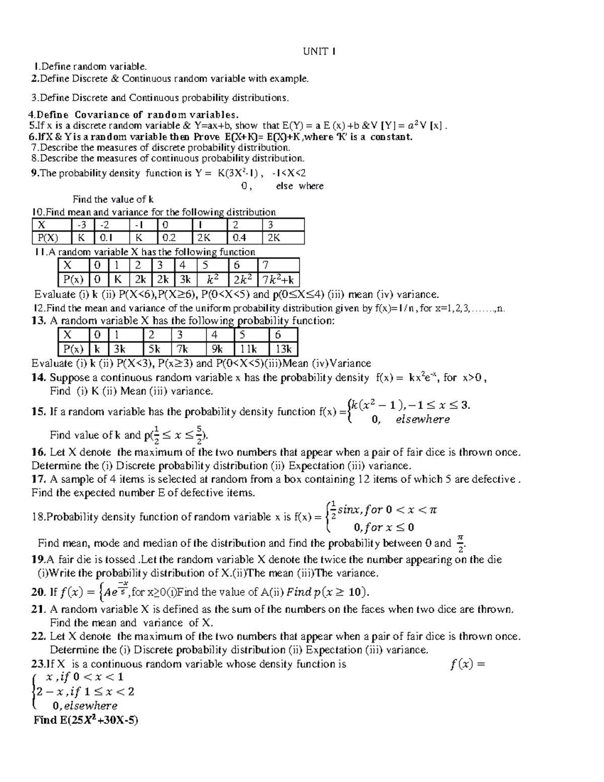 MSF 2023-24 Unitwise Question Bank on Random Variables and ...