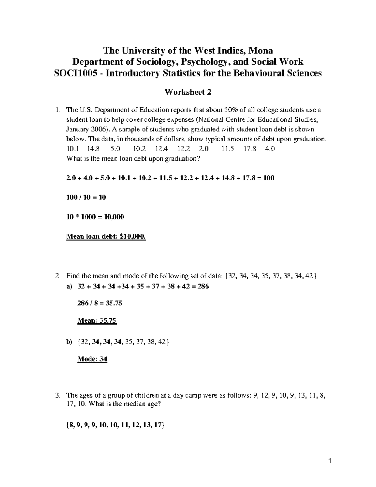 SOCI1005 - Worksheet 2: Statistical Concepts & Calculations - Studocu