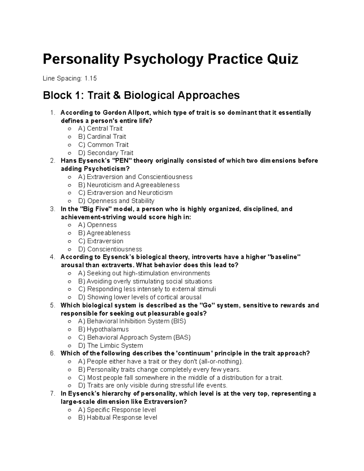 Personality Psychology PSY 101 Practice Quiz Study Questions (1-15 ...