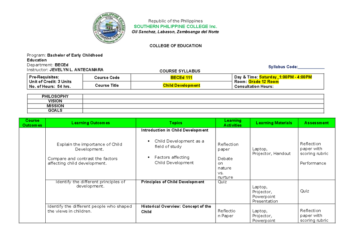 BECEd Course Syllabus: Child Development Overview and Guidelines - Studocu