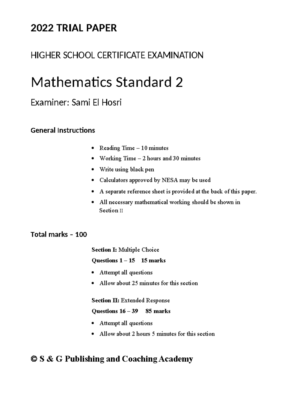 2022 Yr 12 Mathematics Standard 2 - 2022 TRIAL PAPER HIGHER SCHOOL ...
