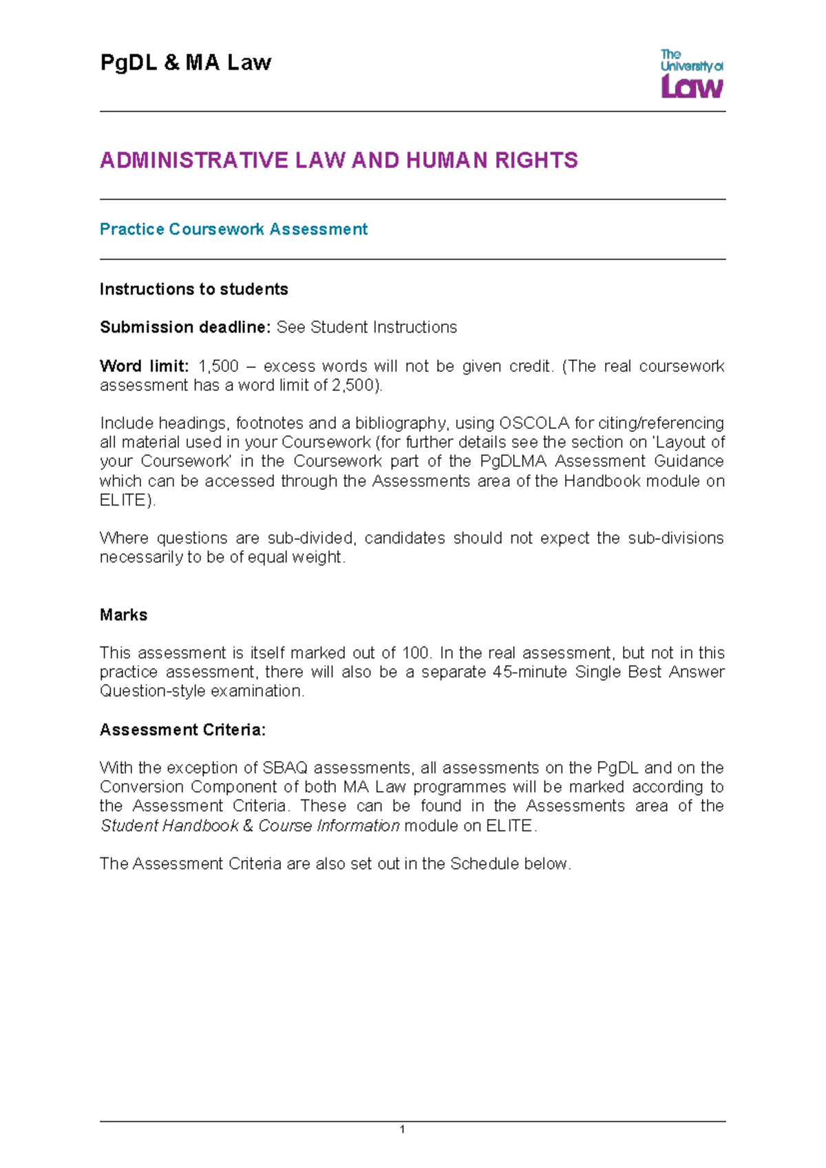PgDL MA Law ADMINISTRATIVE LAW & HUMAN RIGHTS Mock Assessment Guidance ...