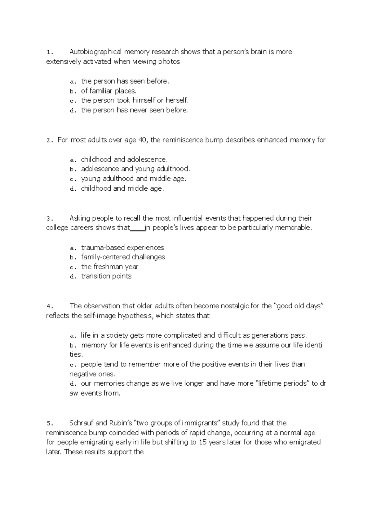 Ch8 Practice Questions on Autobiographical Memory Research - Studocu