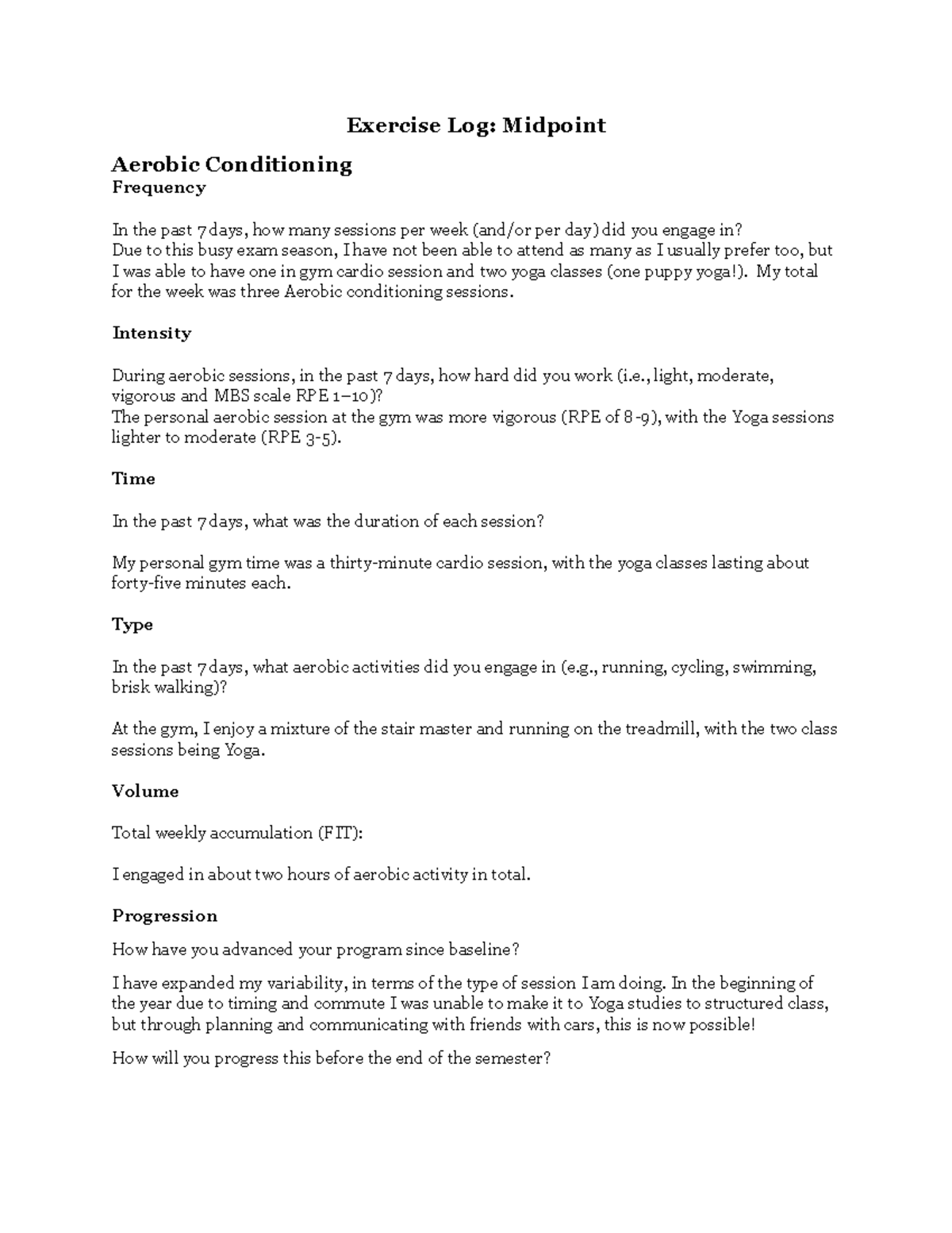 Exercise Log: Midpoint Aerobic & Muscular Conditioning 2026 - Studocu