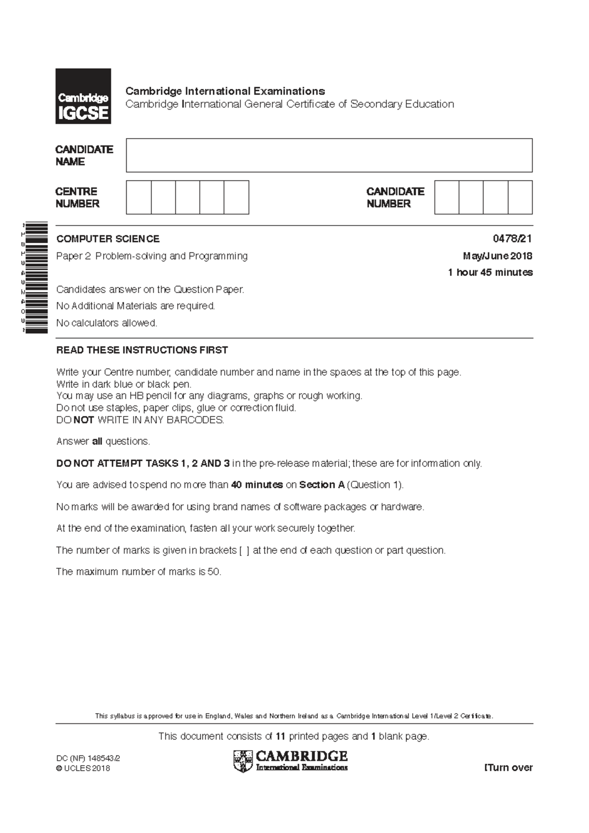 Cambridge IGCSE 0478/21 Computer Science Paper 2 Exam 2018 - Studocu