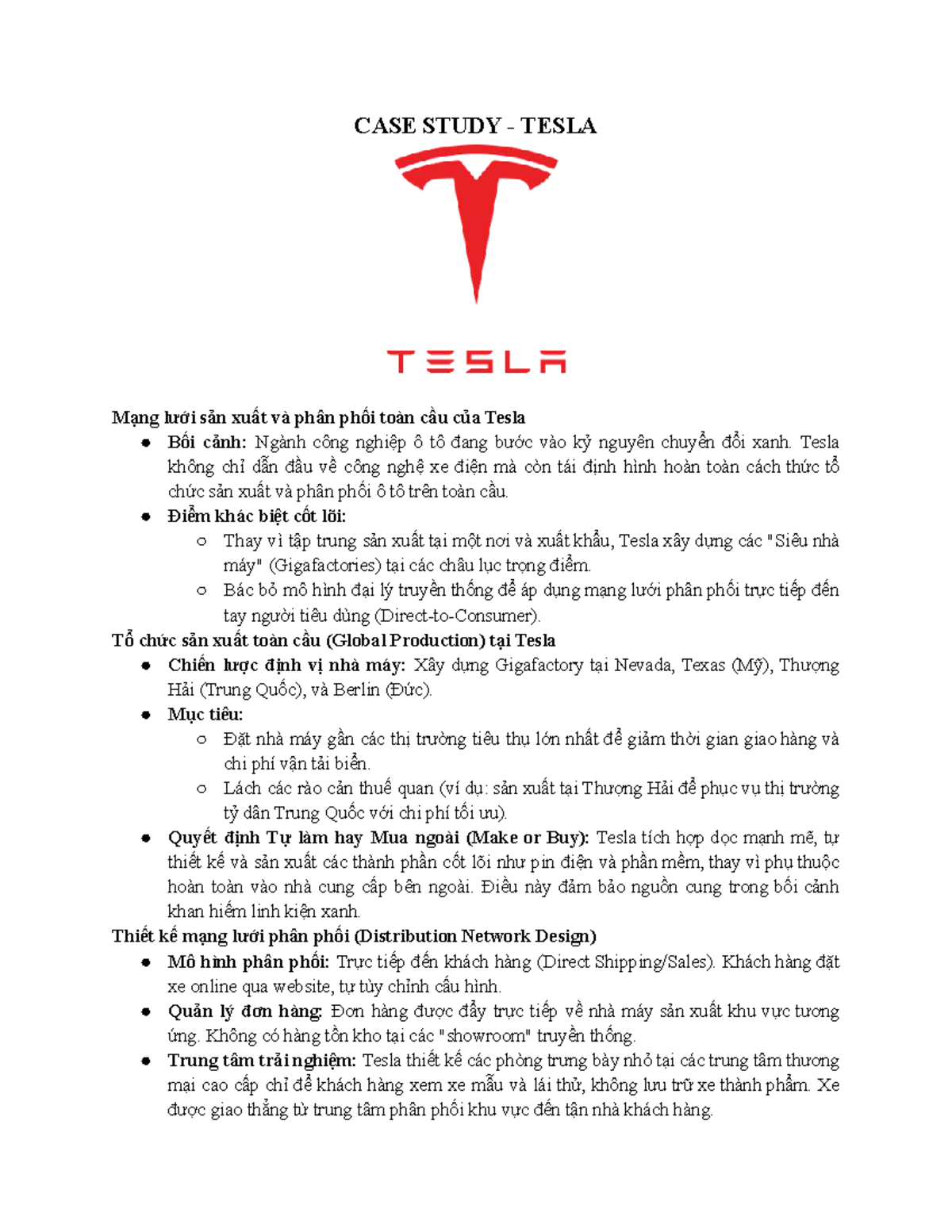 CASE STUDY: Tesla's Global Production & Distribution Network - Studocu