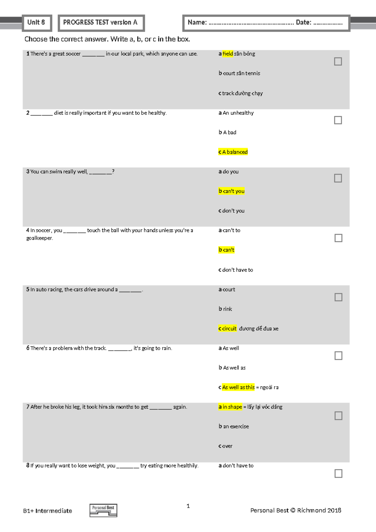 Test U8 Version A - đừng lấy - Choose the correct answer. Write a, b ...