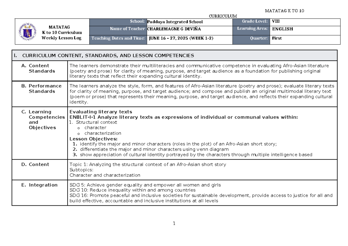 DLL Matatag K to 10 English 8 Weekly Lesson Log Q1 W1 - Studocu