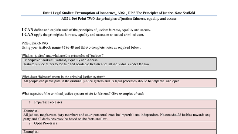 U1 Legal Studies AOS1 DP2: Principles of Justice Scaffold Notes 2024 ...
