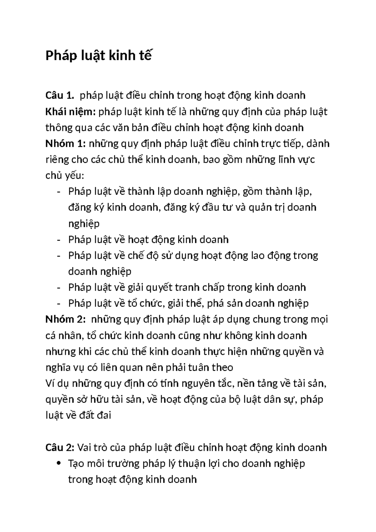 Đề cương PLKT giữa kỳ: Pháp luật kinh tế và hoạt động kinh doanh - Studocu
