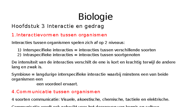 Biologie Hoofdstuk 3: Interactie en Gedrag van Organismen - Studocu