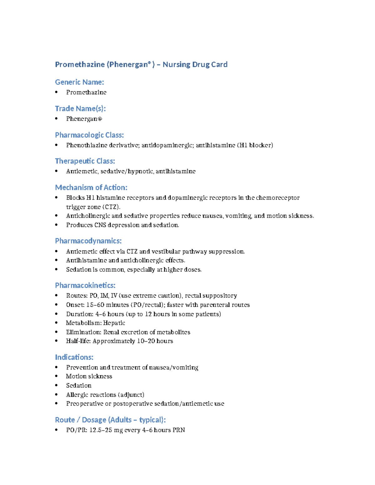 Promethazine (Phenergan®) Nursing Drug Card: Key Info & Guidelines ...