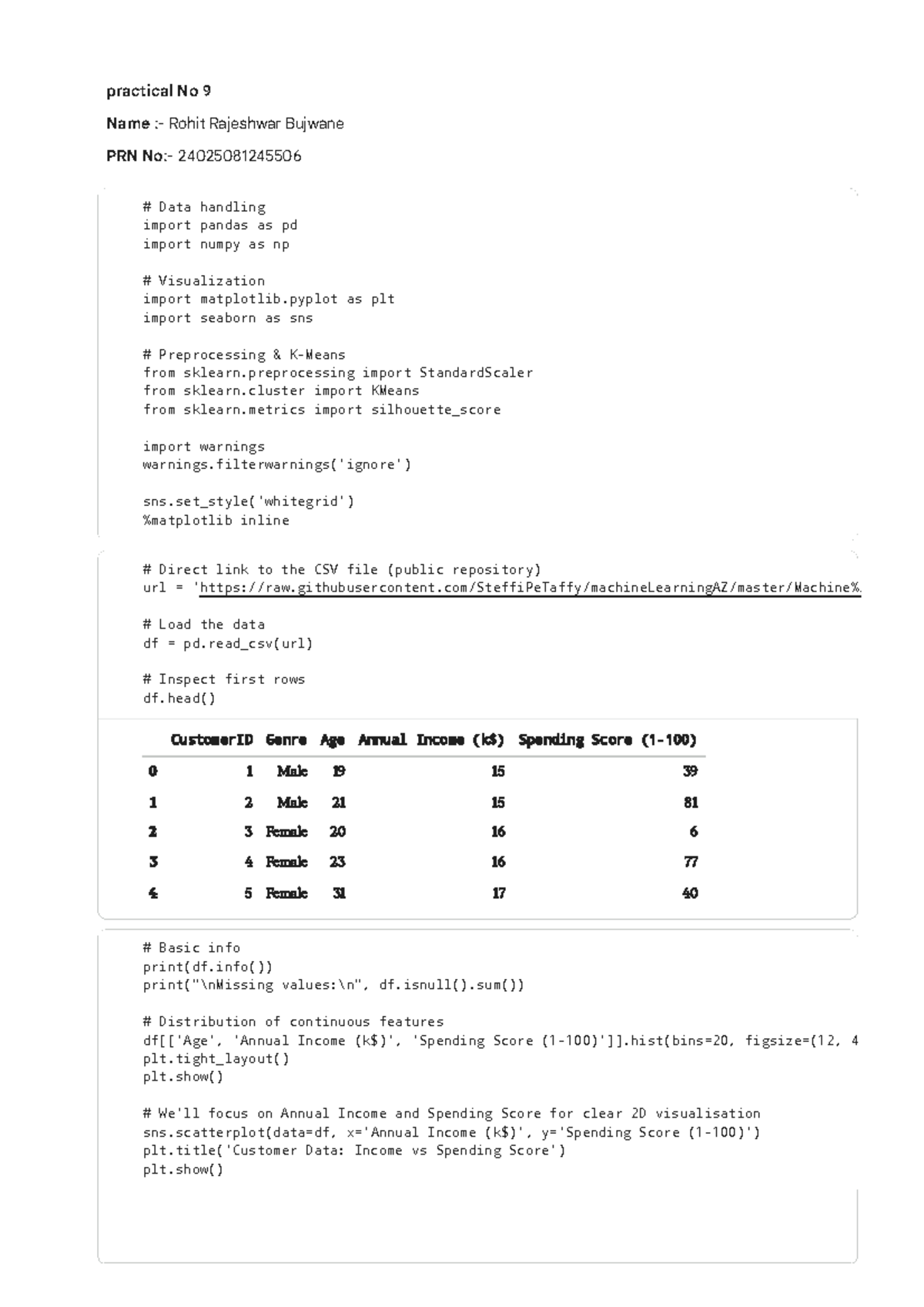 ML Practical 9: Data Handling and Clustering Analysis - Studocu