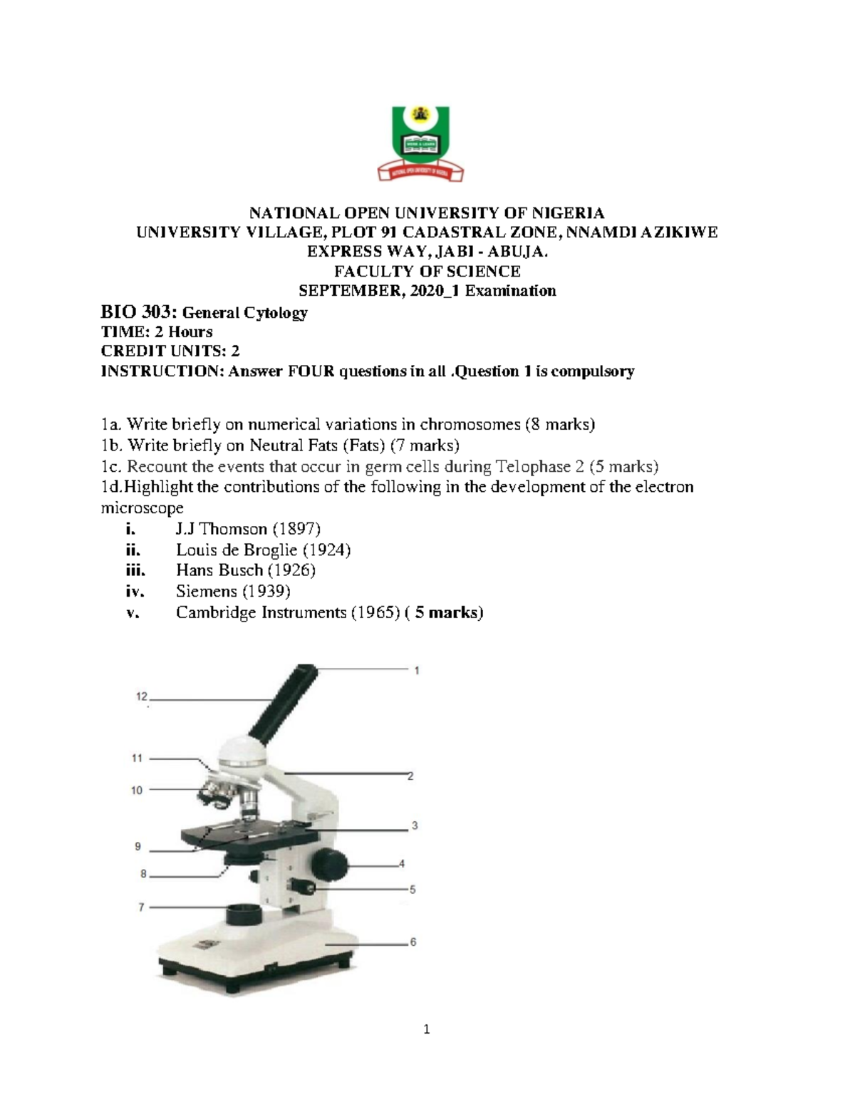 BIO 303: General Cytology - Past Exam Questions (Sept 2020) - Studocu
