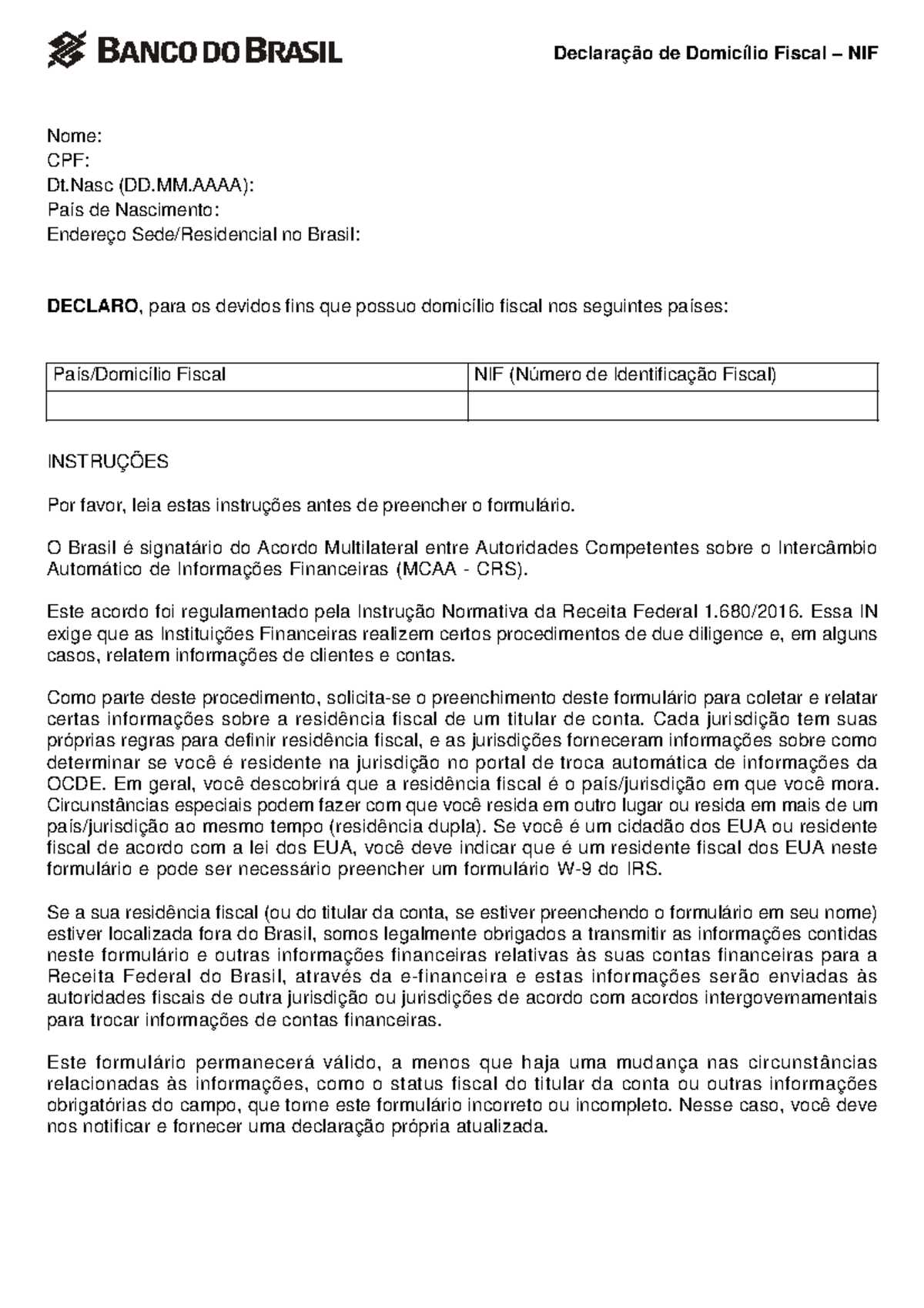 Domicílio Fiscal PF - Formulário NIF e Instruções Importantes - Studocu