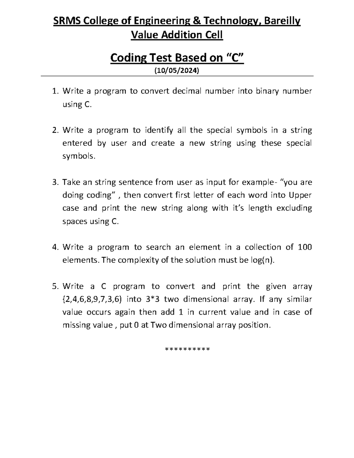 Coding Test Paper - Helpful - SRMS College of Engineering & Technology ...