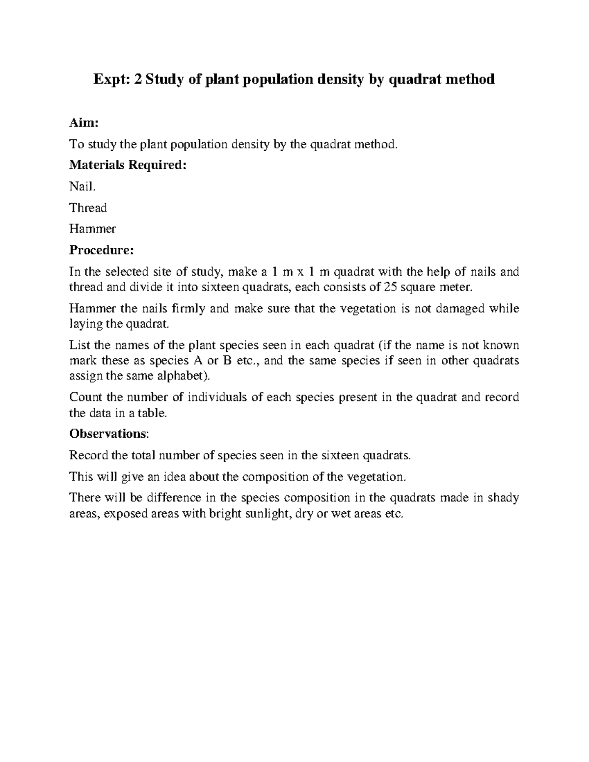 Study of Plant Population Density via Quadrat Method (Expt 2) - Studocu