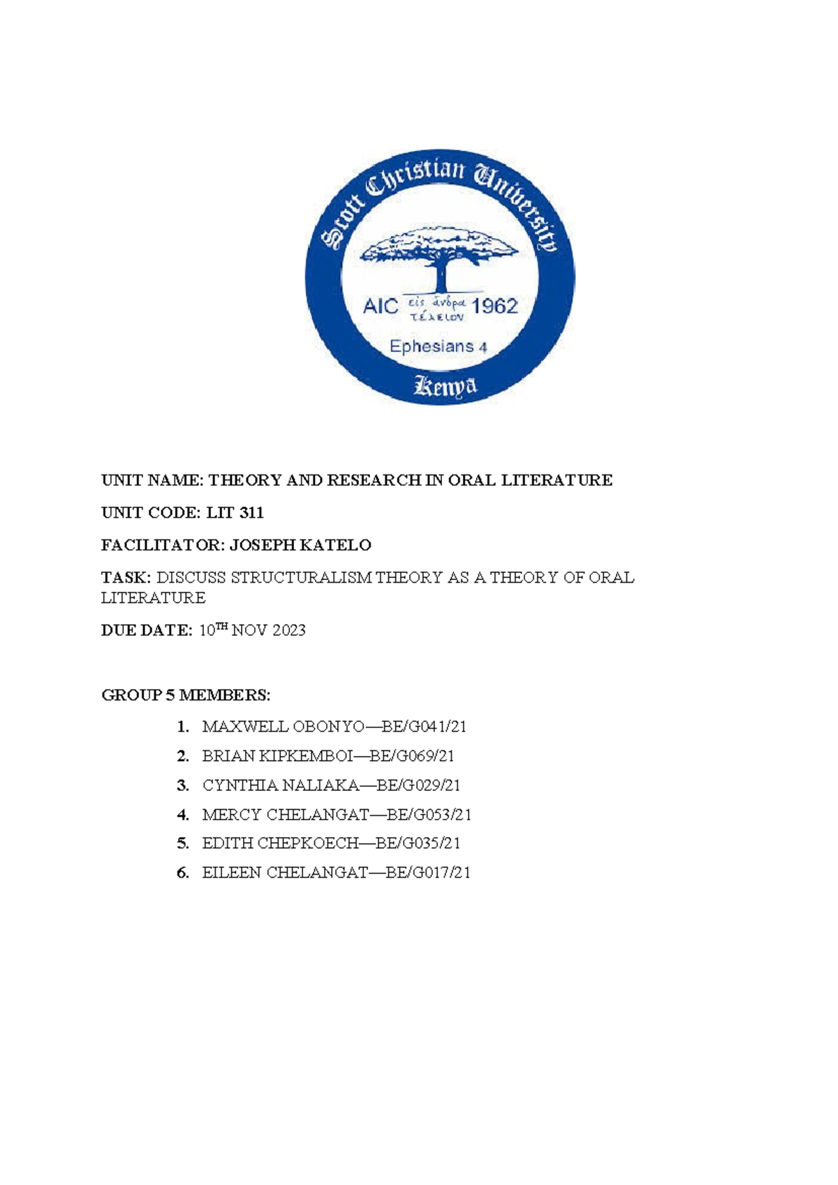 LIT 311: Structuralism Theory in Oral Literature Analysis - Studocu