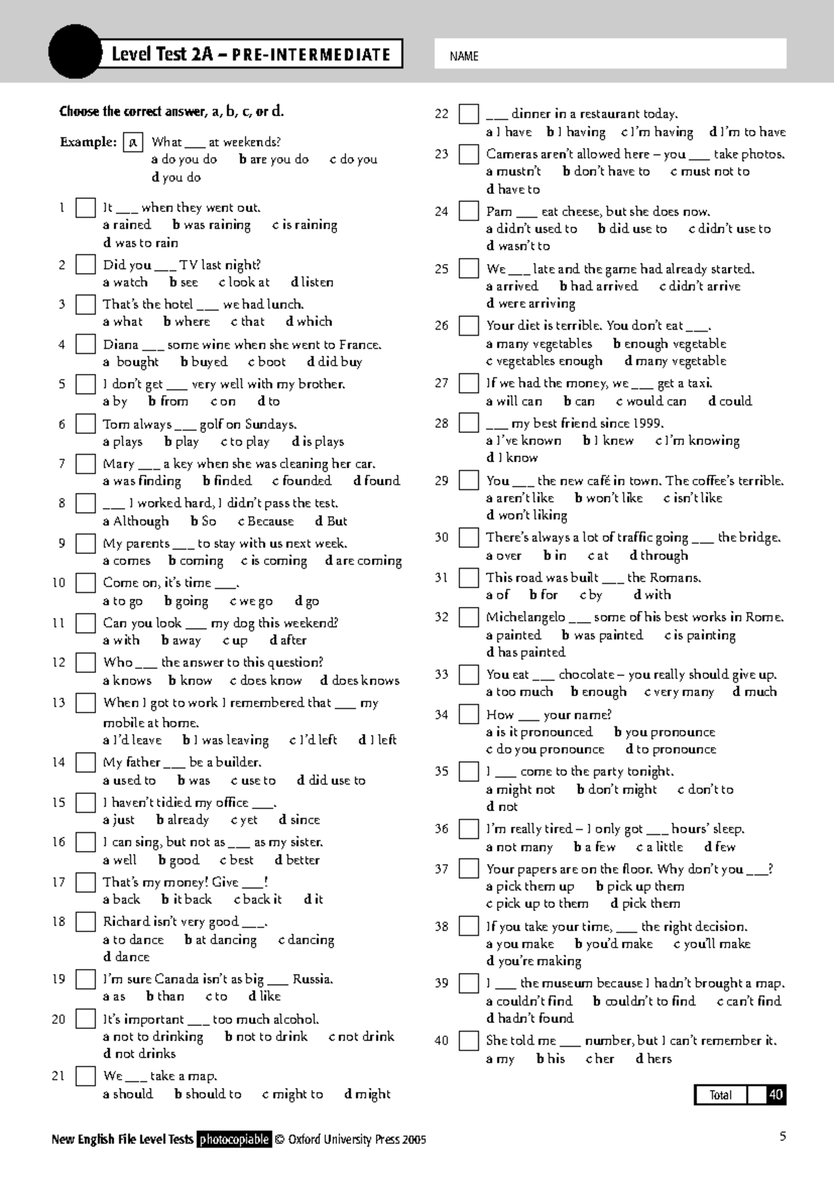 Level Test 2A: Intermediate English Practice Questions - Studocu