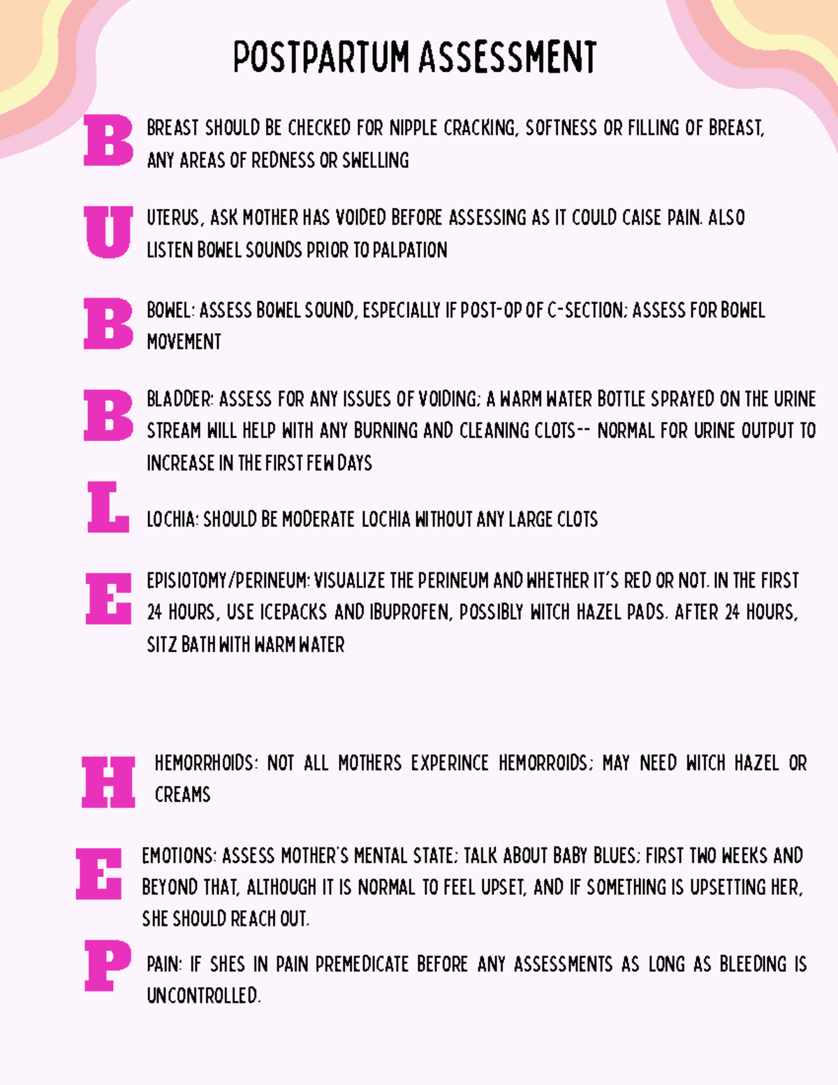 Postpartum Assessment: B U B B L E H E P Clinical Notes - Studocu