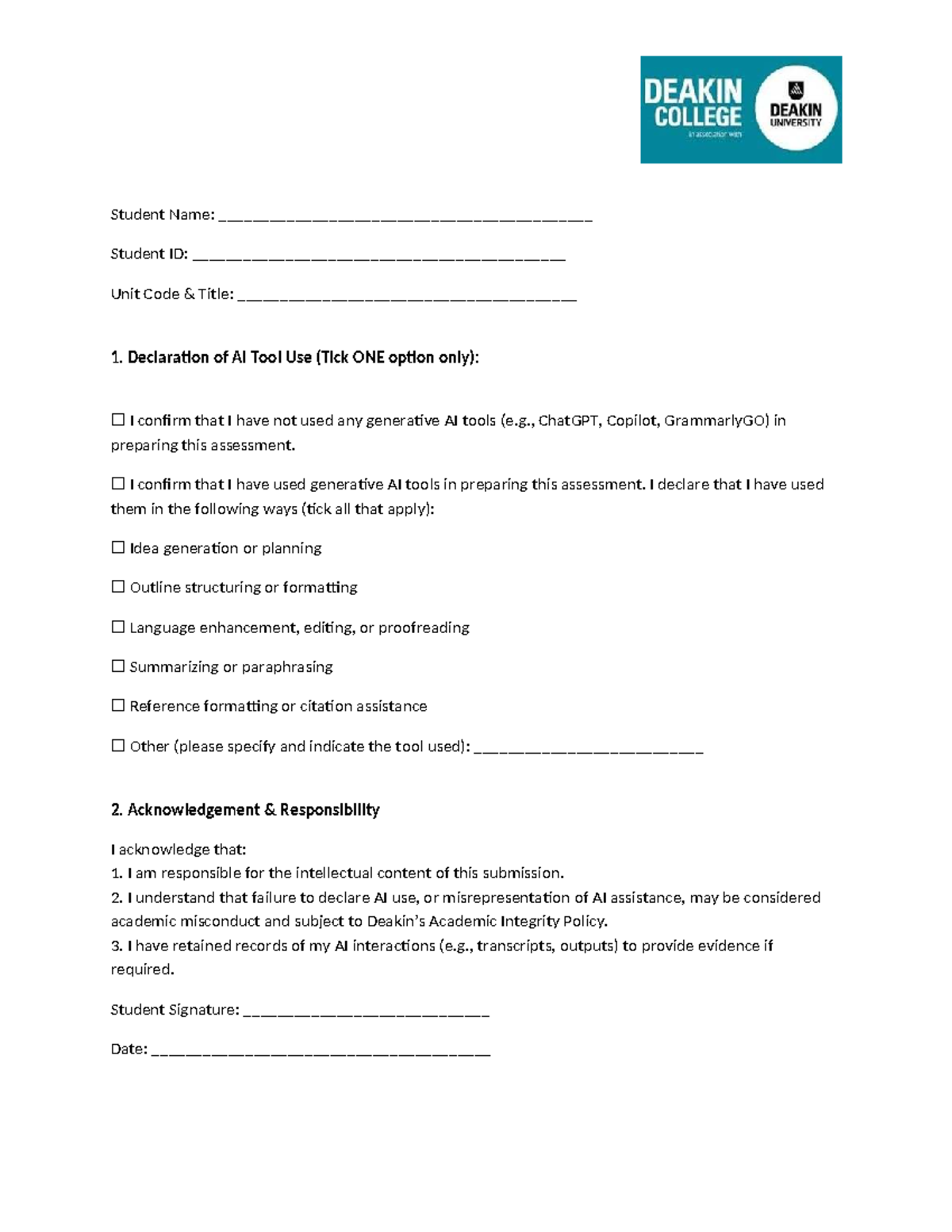 MMK101 AI Use Declaration Form for Assessment Submission - Studocu