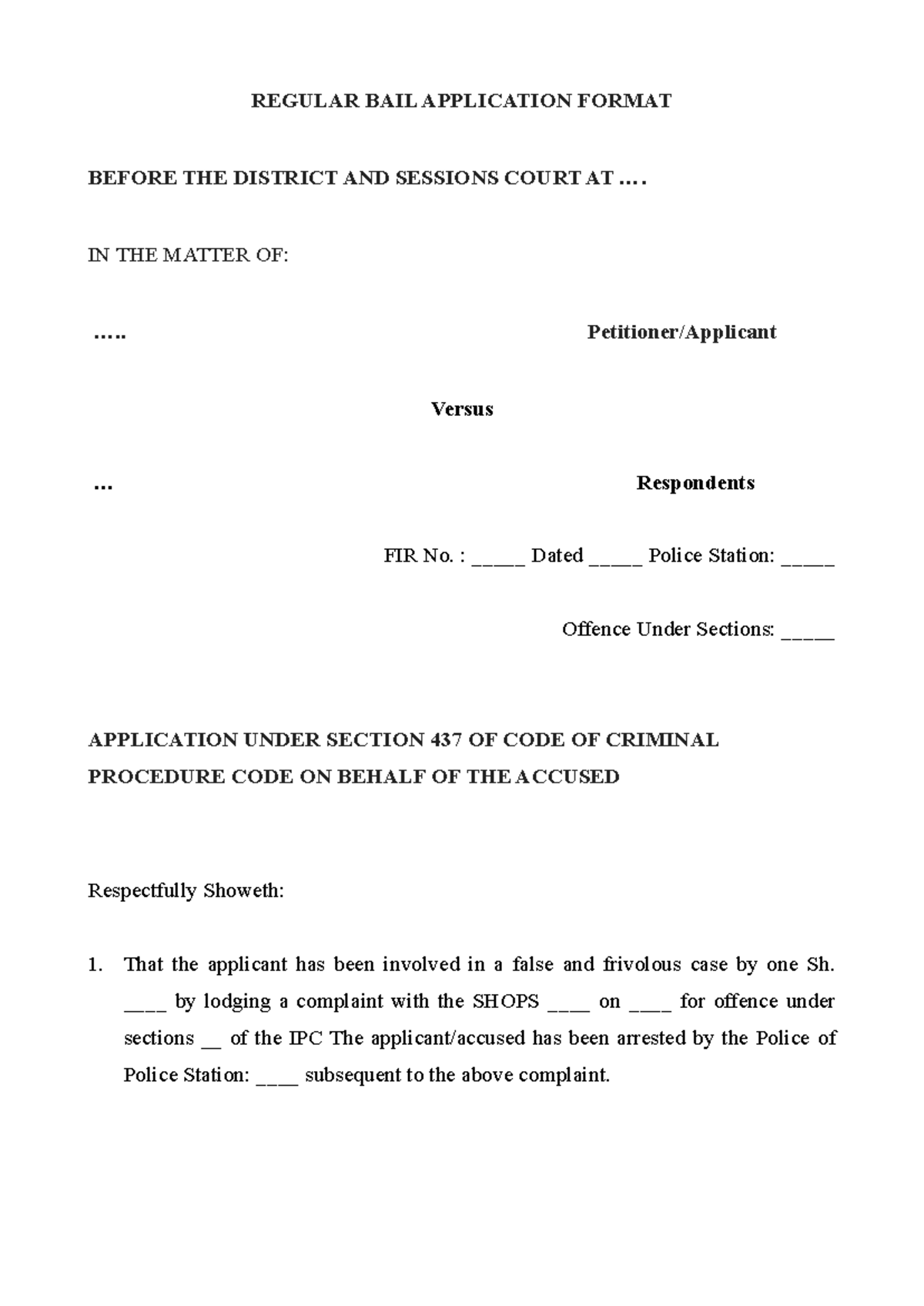 Criminal Drafting: Regular Bail Application & Complaint Formats - Studocu