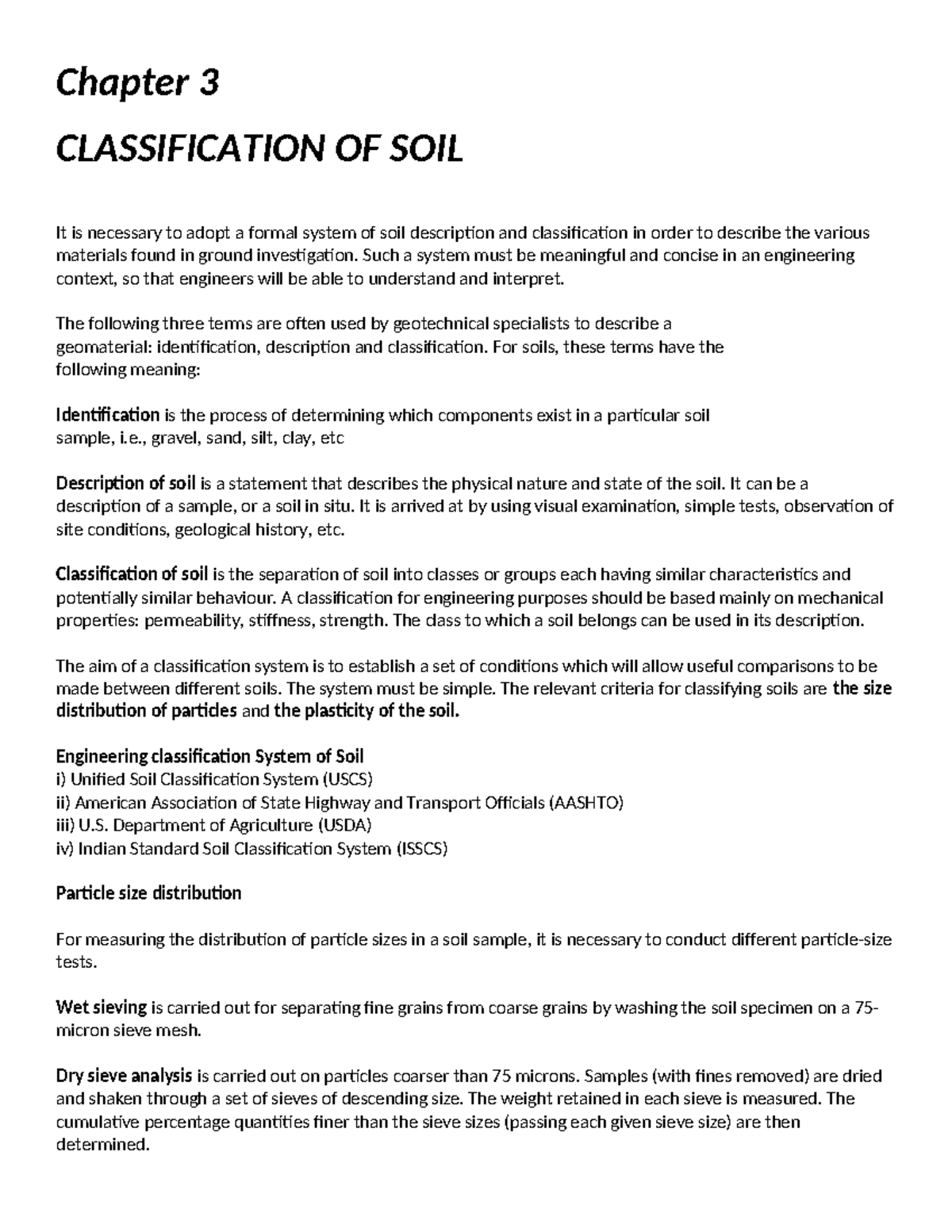 Chapter-3 - Geotech - Chapter 3 CLASSIFICATION OF SOIL It is necessary ...