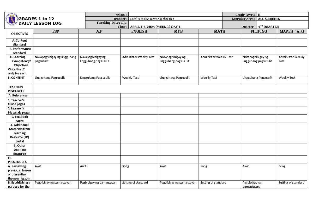 DLL Q4 W1 D4: Daily Lesson Log for All Subjects (Grades 1-12) - Studocu